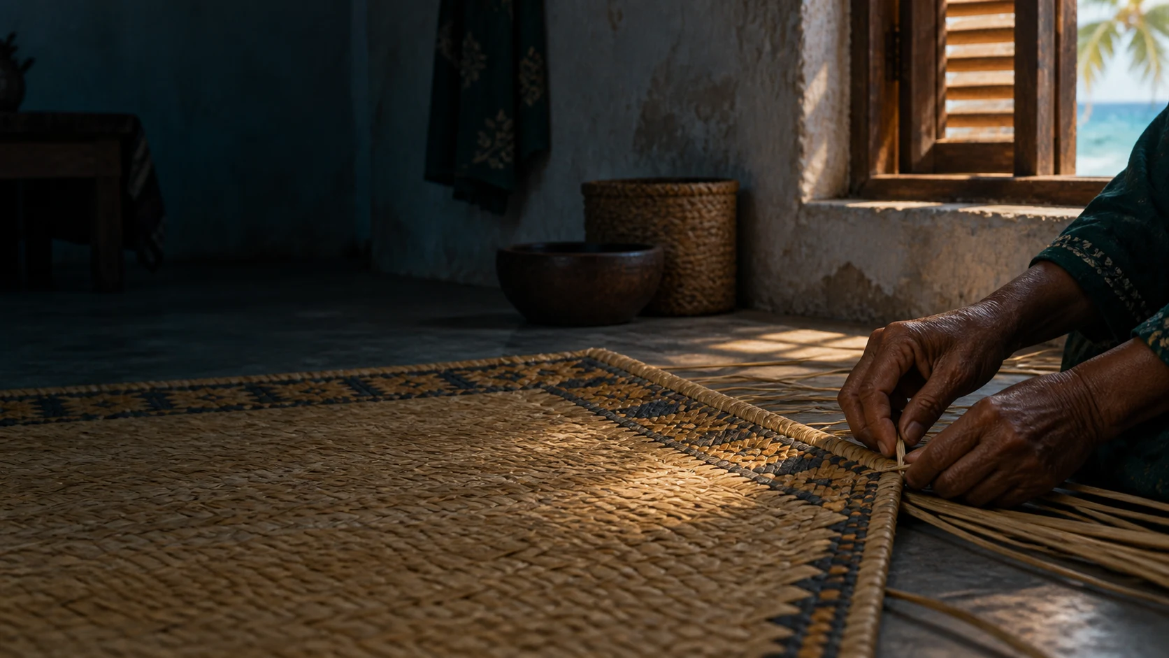 Hands finishing the edge of a reed mat in window light.